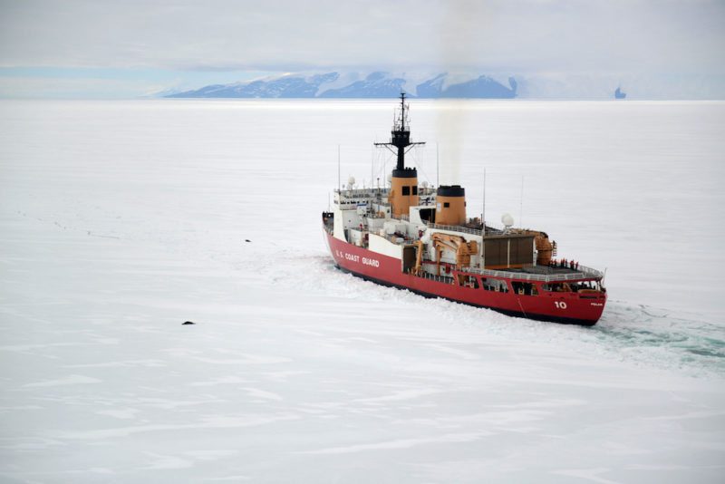 The crew of the Coast Guard Cutter Polar Star operates near two seals off the shore of Antarctica, Jan. 16, 2017. Seeing wildlife unique to Antarctica is one of the many highlights that the cutter’s crew experiences during their yearly deployment to the southern continent. (U.S. Coast Guard photo by Chief Petty Officer David Mosley)
