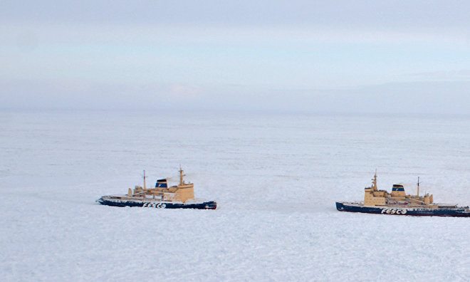 Russian Vessel Convoy Beset in Ice in Northeast Passage