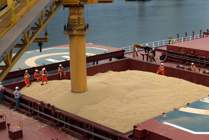 Employees working at cargo ship Kypros Land which is loading soybeans to China at Tiplam terminal in Santos, Brazil, Merch 13, 2017. Picture taken March 13, 2017. REUTERS/Paulo Whitaker
