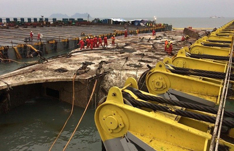 The sunken ferry Sewol is seen during its salvage operations at the sea off Jindo, South Korea March 23, 2017. News1 via REUTERS