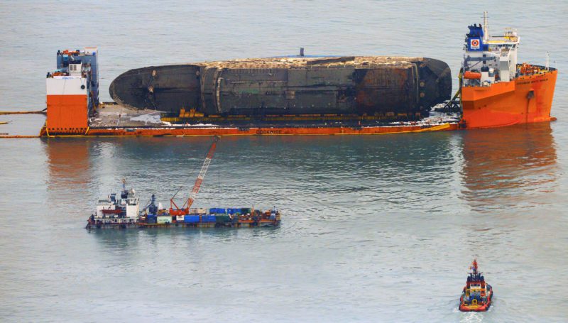 The sunken ferry Sewol sits on a semi-submersible ship during its salvage operations at the sea off Jindo, South Korea, March 26, 2017. Yonhap via REUTERS