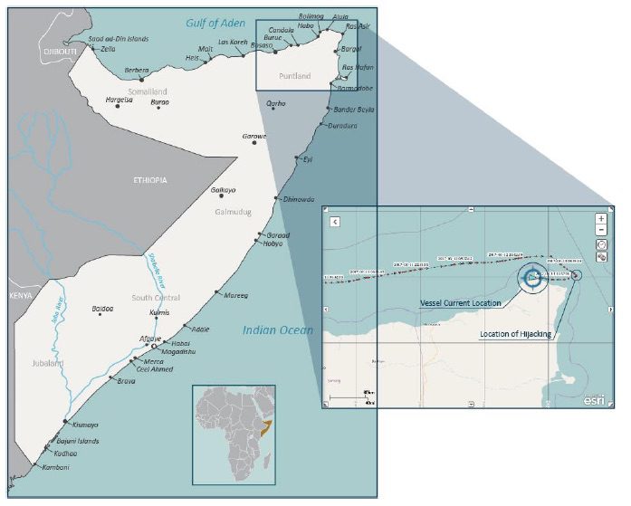 Area where the MT ARIS was hijacked off the coast of Somalia. Map credit: Oceans Beyond Piracy/One Earth Future