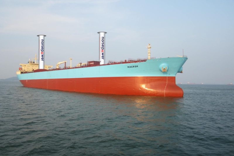 Illustration shows two Flettner rotor sails installed onboard a Maersk Tanker vessel. Photo: Maersk Tankers/Norsepower
