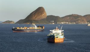 cargo ships at anchor in Rio de Janeiro, Brazil.
