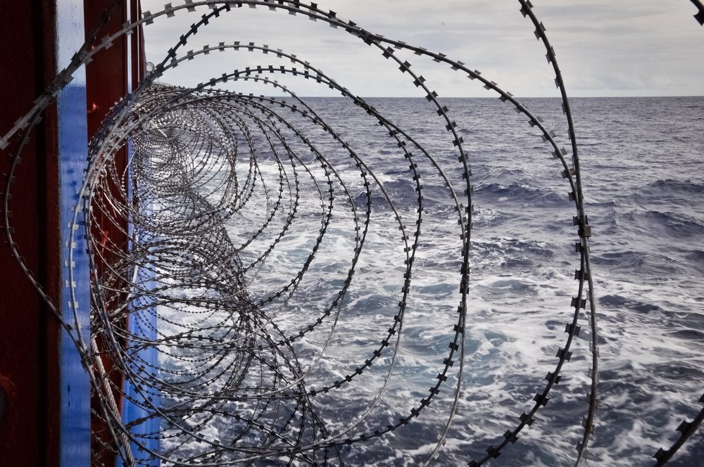 anti-piracy barbed wire on merchant vessel