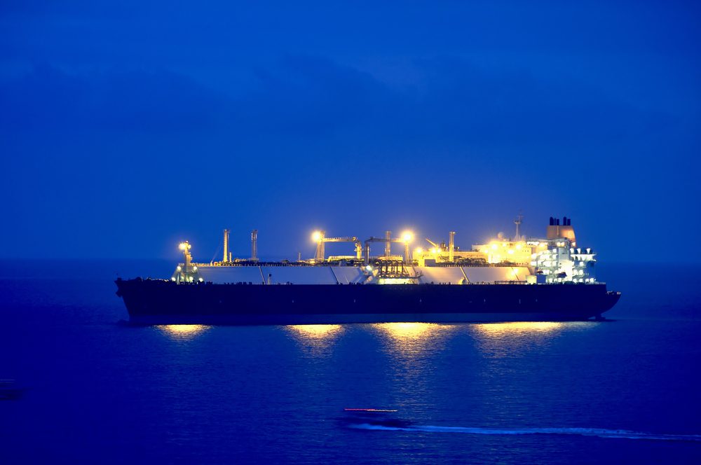 An LNG carrier at night
