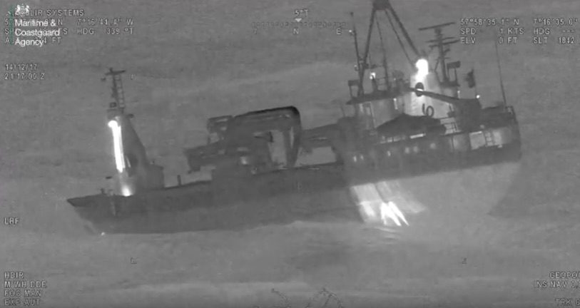 Disabled Freighter Adrift in Force 10 Weather Conditions Now Under Tow Off Scotland