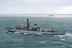 The Royal Navy's HMS Westminster escorts Russian Steregushchiy class ship Boiky (532) through the English Channel off Britain's coast