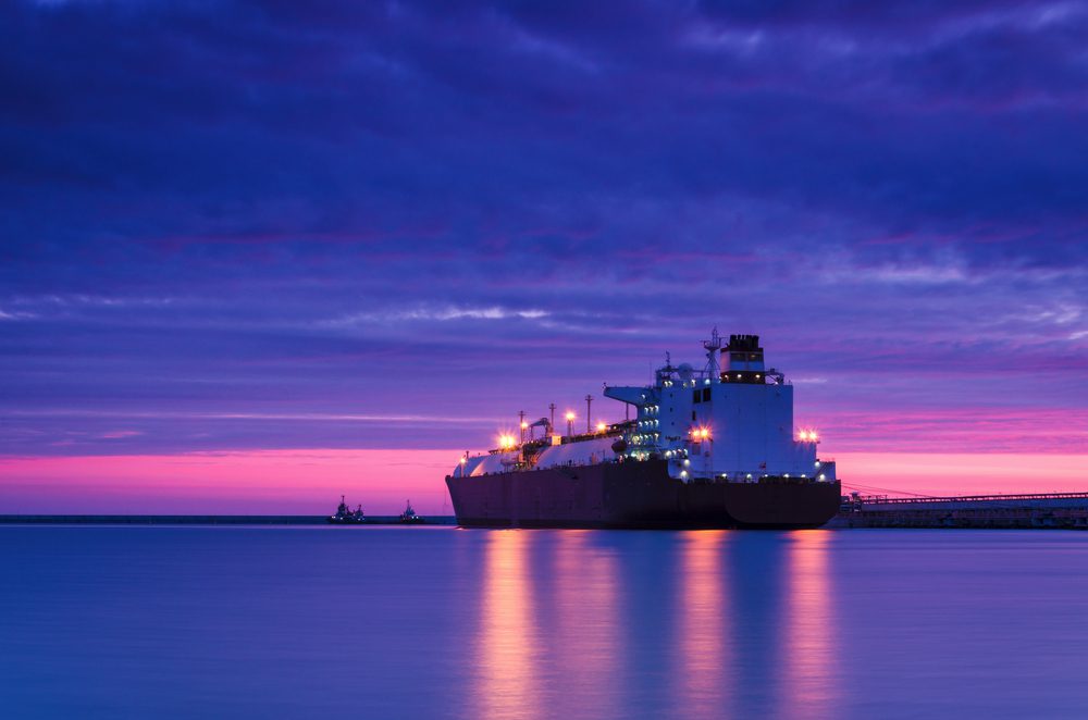 Stock photo of an lng carrier at sunset