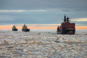 A Russian nuclear-powered icebreaker escorts ships on the Northern Sea Route, July 14 2016