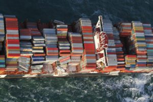A handout aerial photo made available by the Dutch Coastguard shows the container ship MSC ZOE