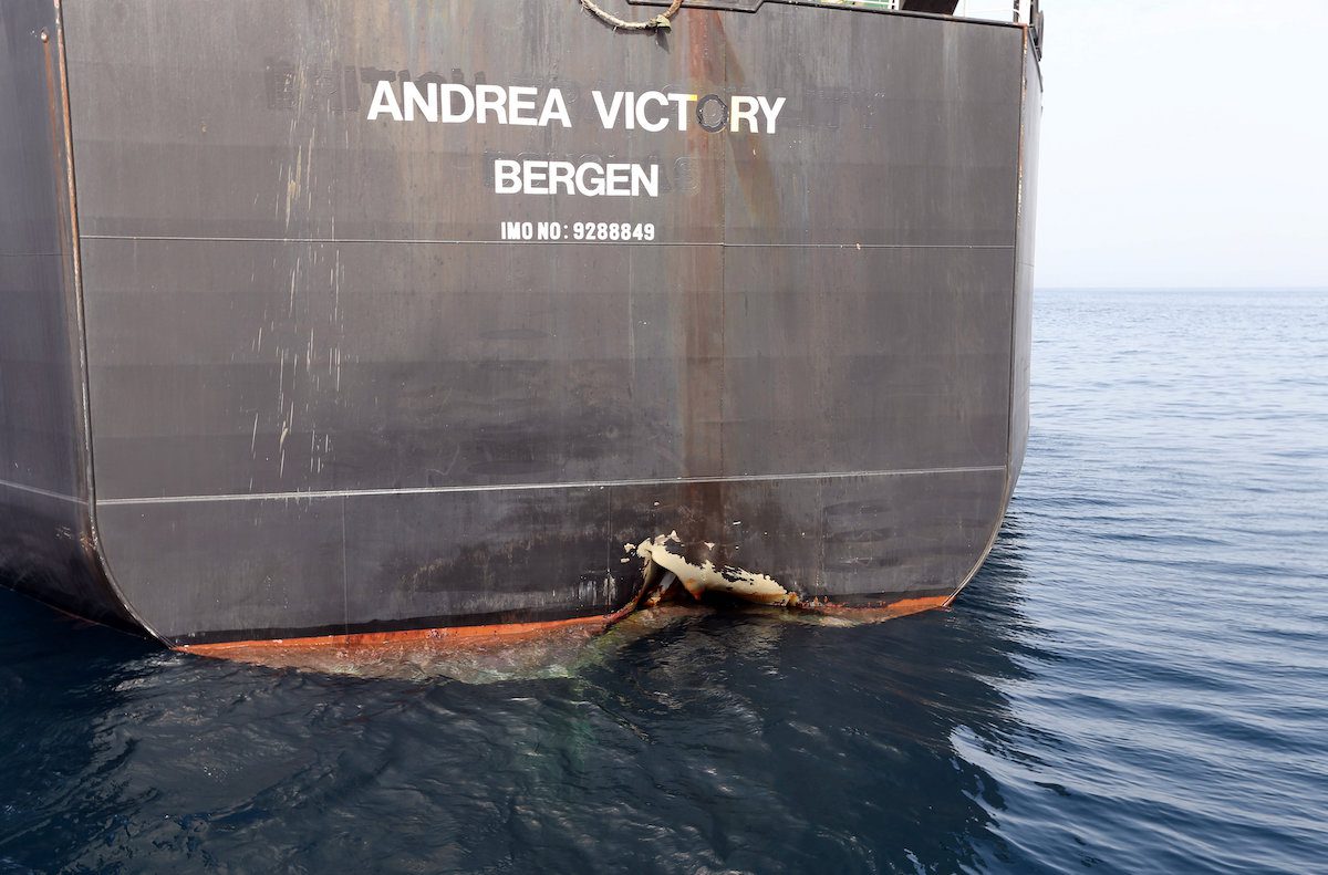 A damaged Andrea Victory ship is seen off the Port of Fujairah