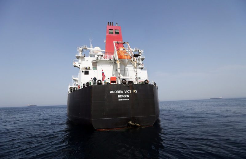 A damaged Andrea Victory ship is seen off the Port of Fujairah