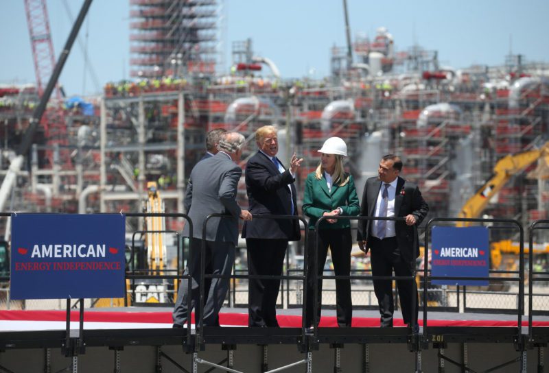 U.S. President Trump speaks with management at Cameron LNG Export Facility in Hackberry, Louisiana