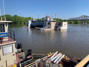 Handout photo of the Peoria Lock and Dam is shown surrounded by flood waters of the Mississippi River in Peoria, Illinois