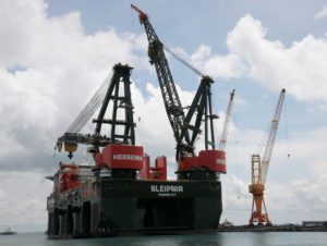 Heerema Marine Contractors' Sleipnir, the world's largest semi-submersible crane vessel, sits in the Sembcorp Marine shipyard in Singapore