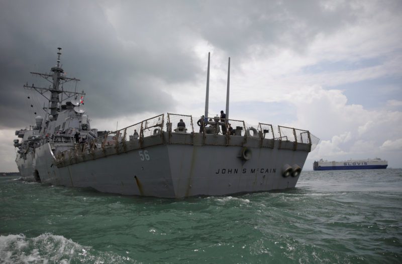 The U.S. Navy guided-missile destroyer USS John S. McCain is seen after a collision, in Singapore waters