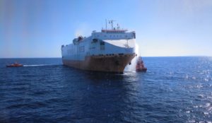 Grande Europa pictured May 15, 2019 in the Mediterranean Sea after fires broke out in two of the vehicle decks