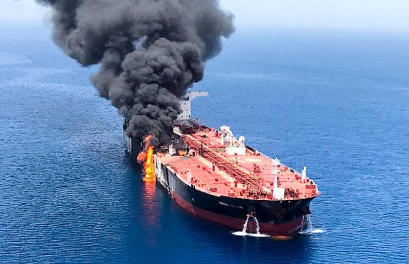 front altair oil tanker is seen after it was attacked at the Gulf of Oman
