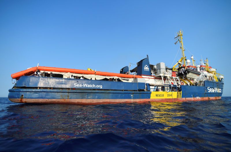 Sea-Watch 3 rescue ship is pictured as it remains blocked one mile outside the port of Lampedusa