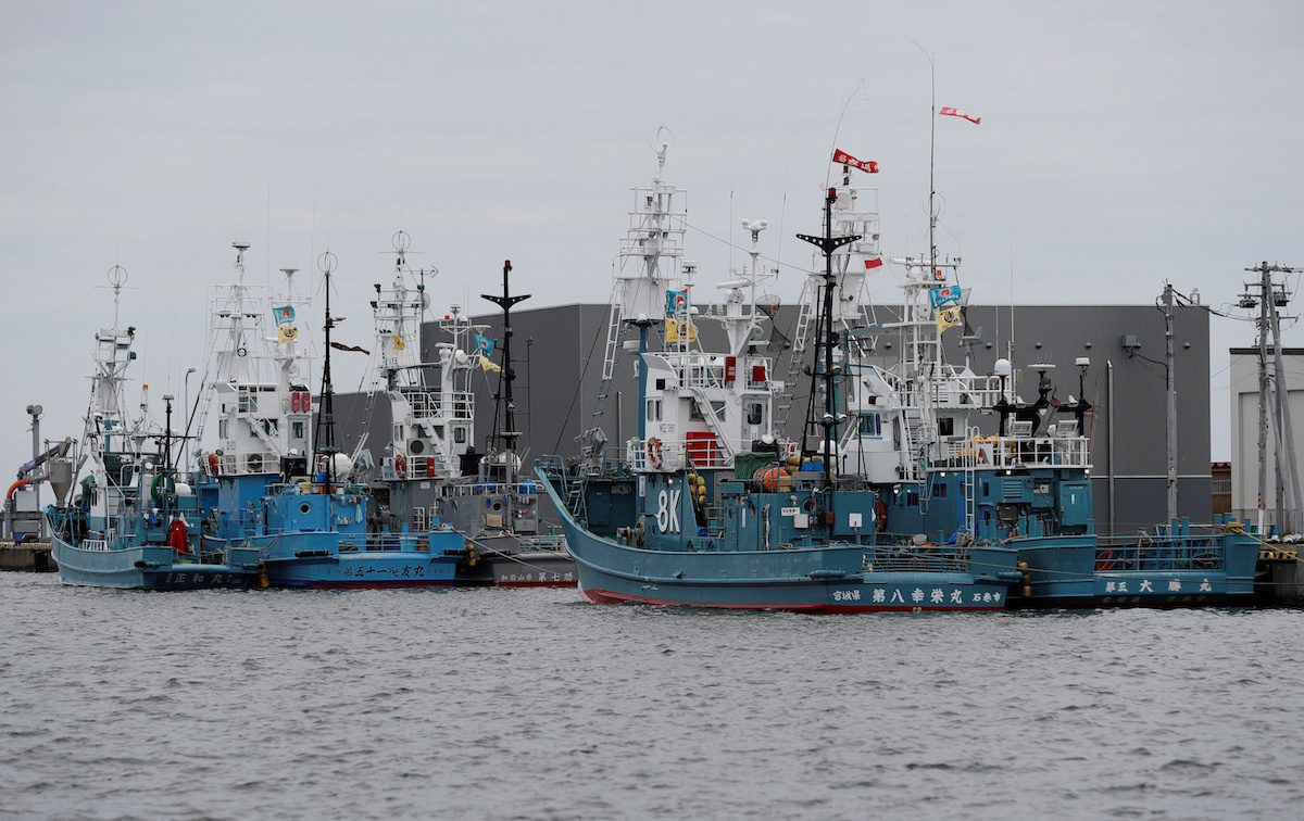 Whaling ships which are set to join the resumption of commercial whaling at anchor at a port in Kushiro