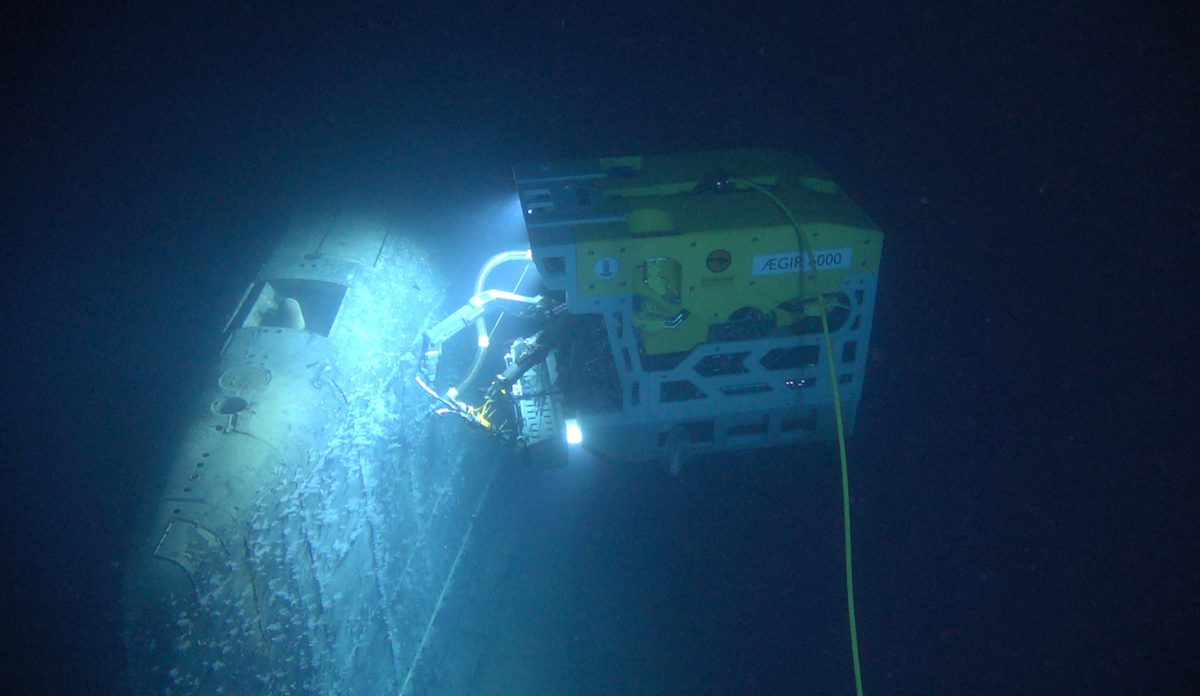 Remotely operated vehicle called Aegir 6000 examines the wreck of the Soviet nuclear submarine "Komsomolets", southwest of Bear Island