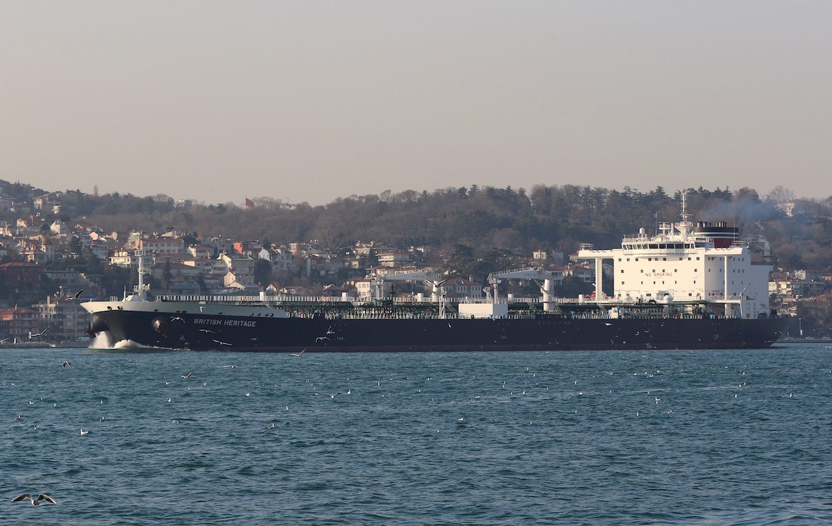 Oil tanker British Heritage sails in the Bosphorus, on its way to the Black Sea, in Istanbul