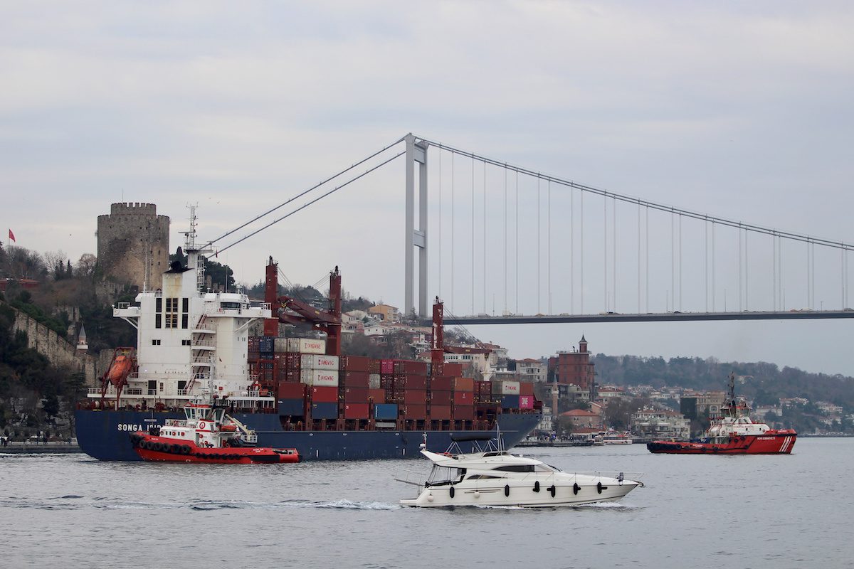 Liberian-flagged cargo ship Songa Iridium is seen after it ran aground in the Bosphorus in Istanbul