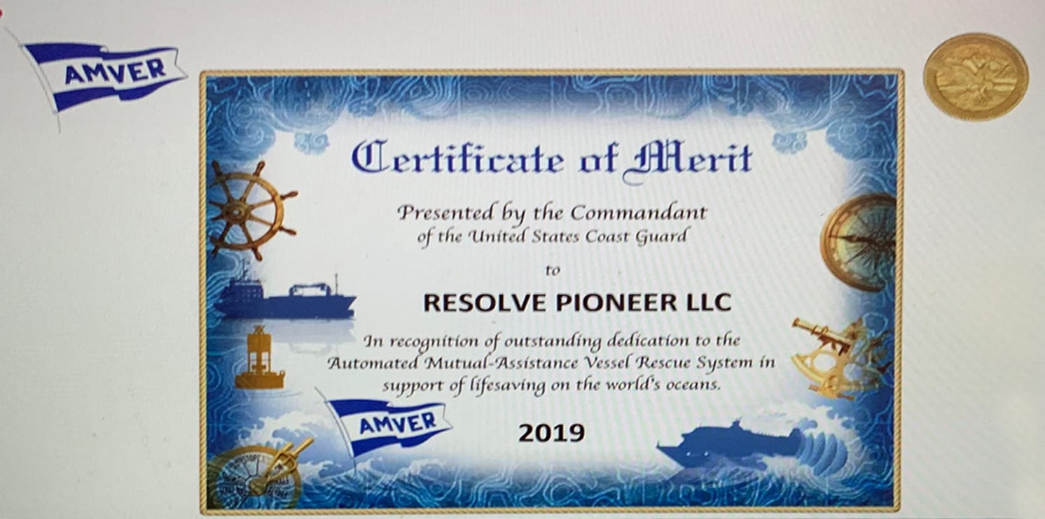 Resolve’s PIONEER Response Tug Wins 2020 AMVER Award Four Consecutive Years