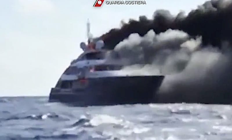 Watch: 17 Rescued as Yacht Engulfed in Flames Sinks Off Italy