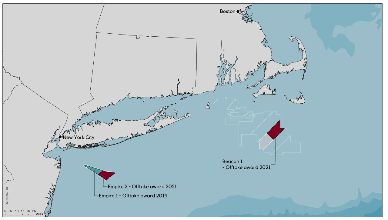 The Empire Wind 1 and 2 and Beacon Wind 1 projects located off New York State. Illustration: Equinor