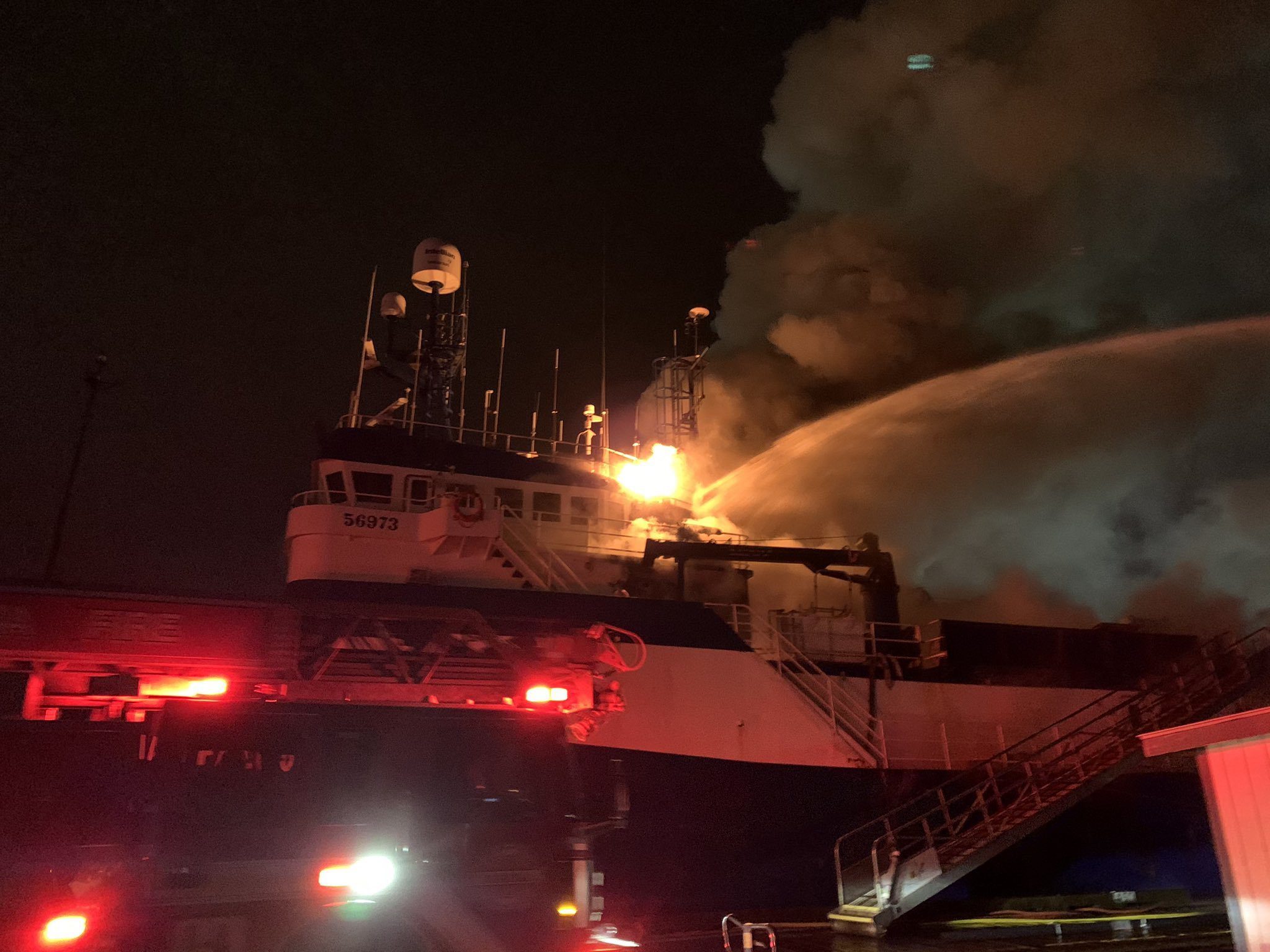 Commercial Fishing Vessel Burning at Tacoma, Washington Pier