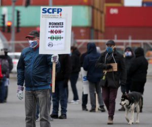 Longshore union strike in front of Port of Montreal Canada