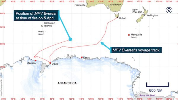 Overview of MPV Everest’s area of operation and position at the time of the fire. Source: Australian Antarctic Division, modified and annotated by the ATSB