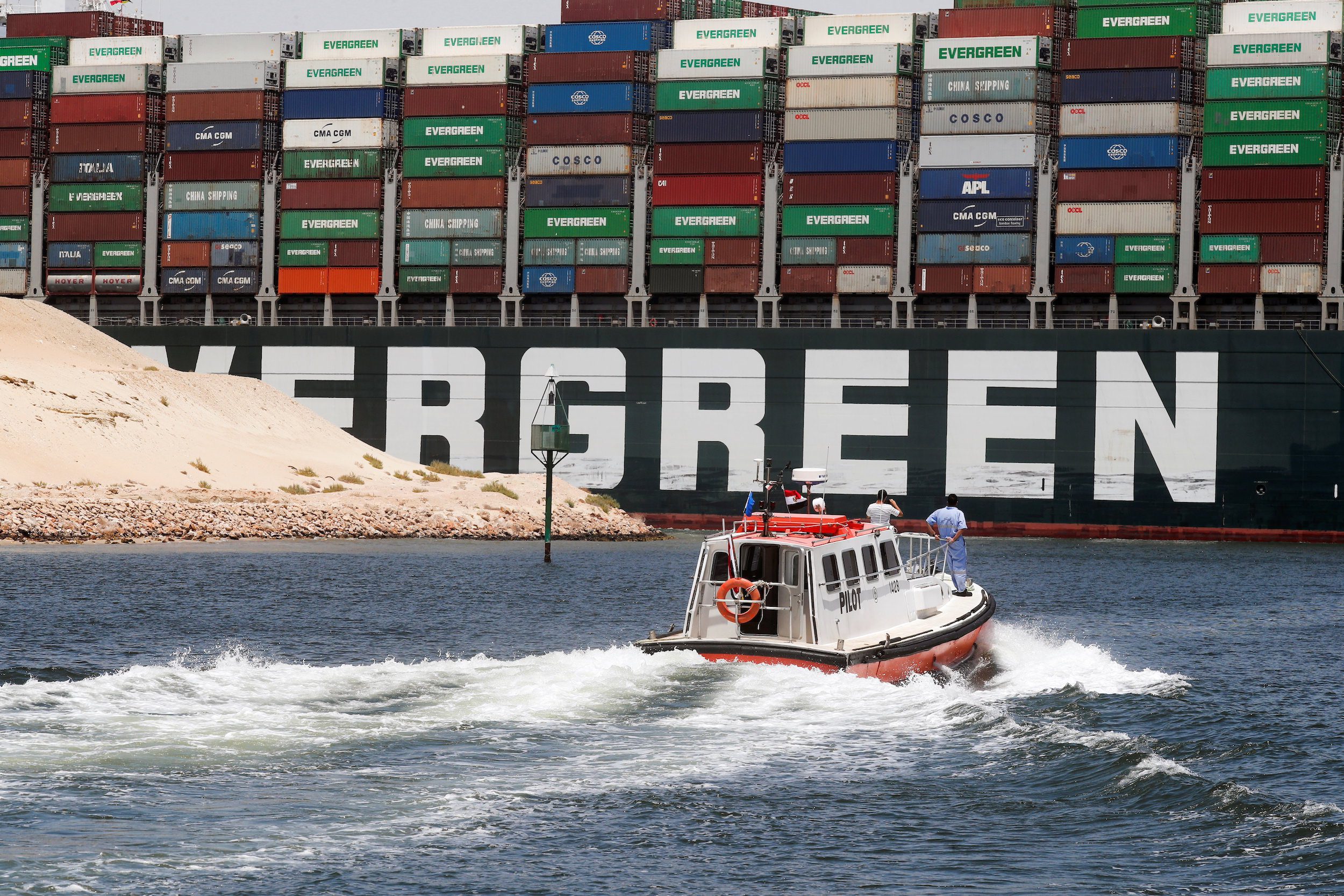 Ship Ever Given Departs Suez Canal with Pilot Boat