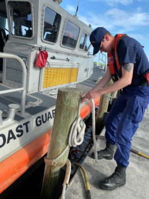 U.S. Coast Guard Station New Orleans crews prepare to relocate response boats to Baton Rouge, Louisiana, Aug. 28, 2021, ahead of Hurricane Ida. (U.S. Coast Guard photo by Chief Petty Officer Liz Uitdenhowen)