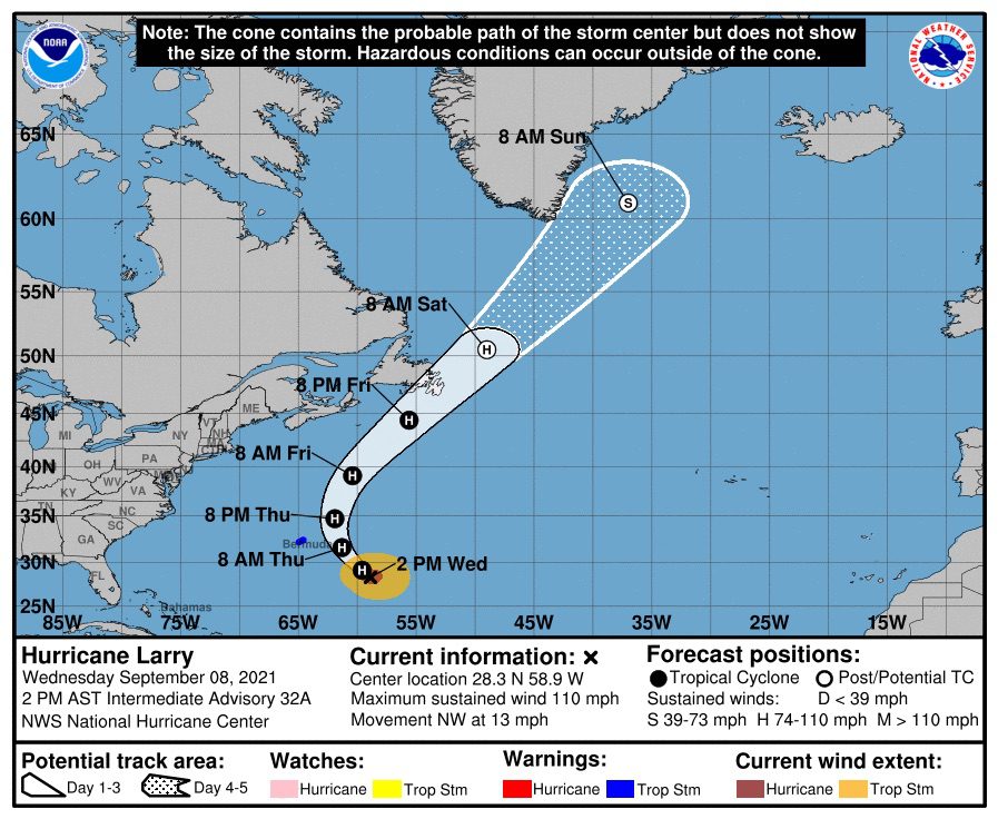Hurricane Larry Producing Seas of Up to 45 Feet in Western Atlantic