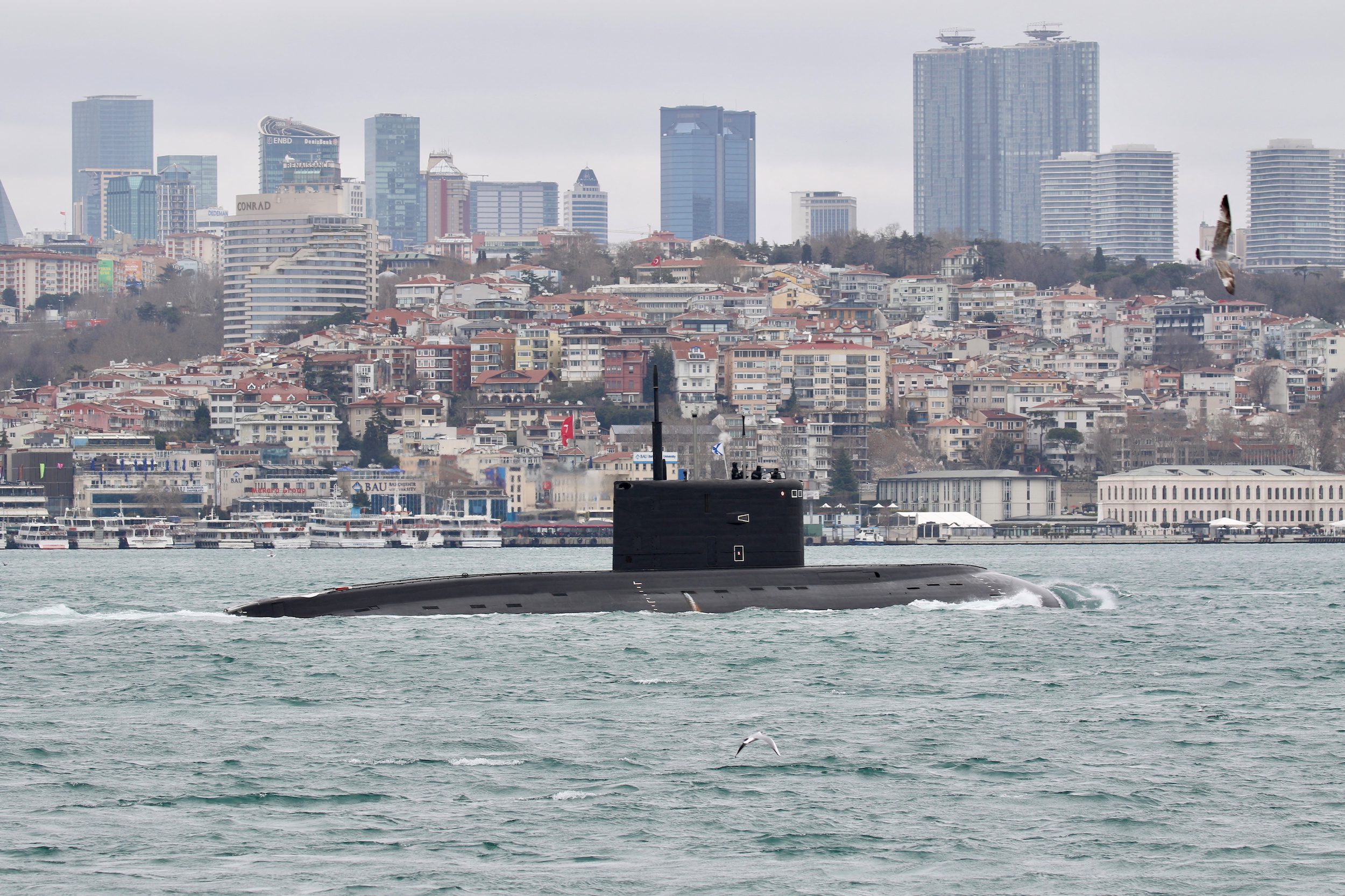 Russian Navy's diesel-electric submarine Rostov-on-Don sets sail in Istanbul's Bosphorus.