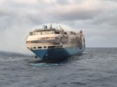 Felicity Ace seen burning in the Atlantic Ocean off the Azores Islands. Picture was released Friday, February 18, 2022 by the Portuguese Navy. Photo courtesy Portuguese Navy