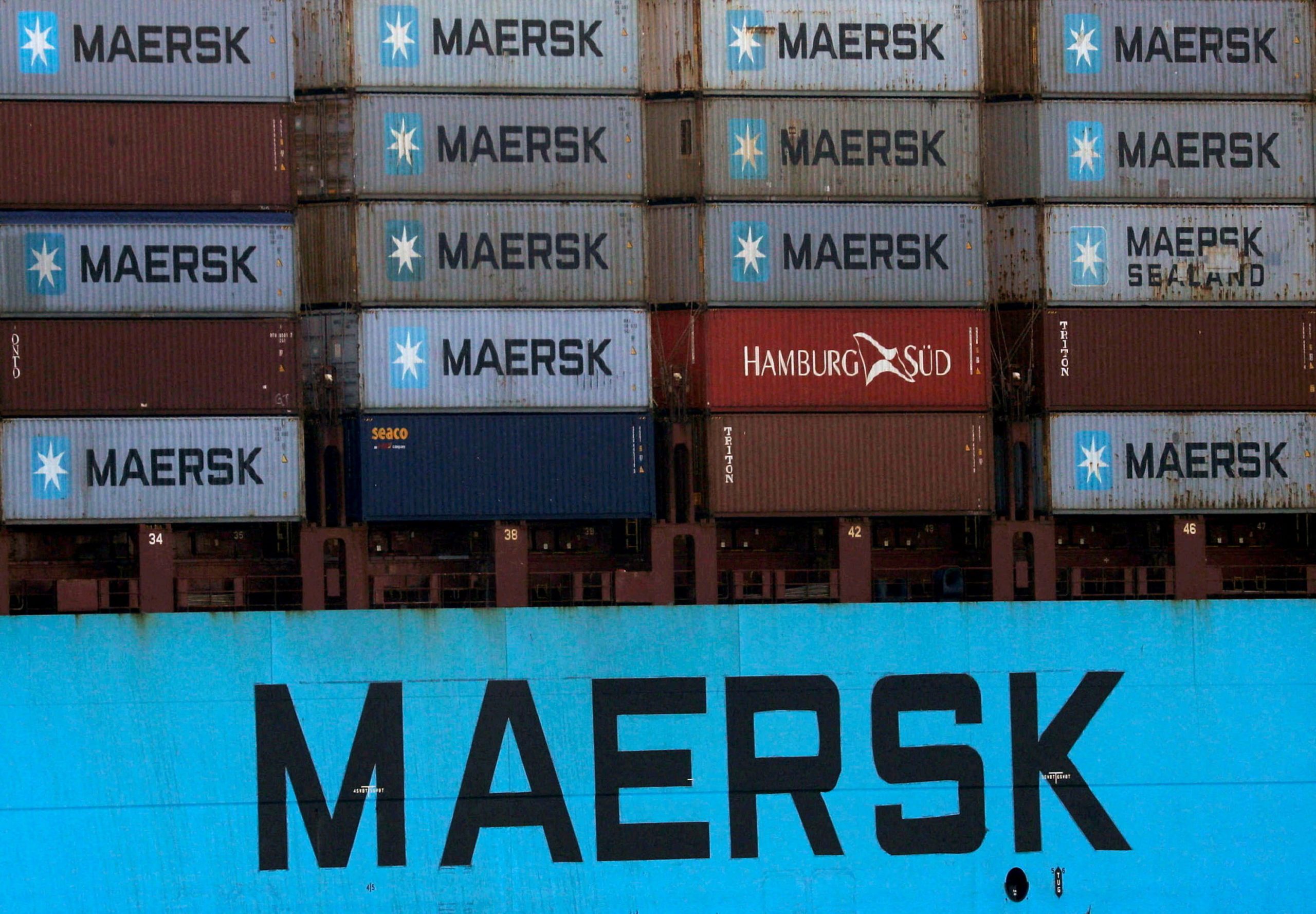 Close in photo of Maersk ship loaded with containers
