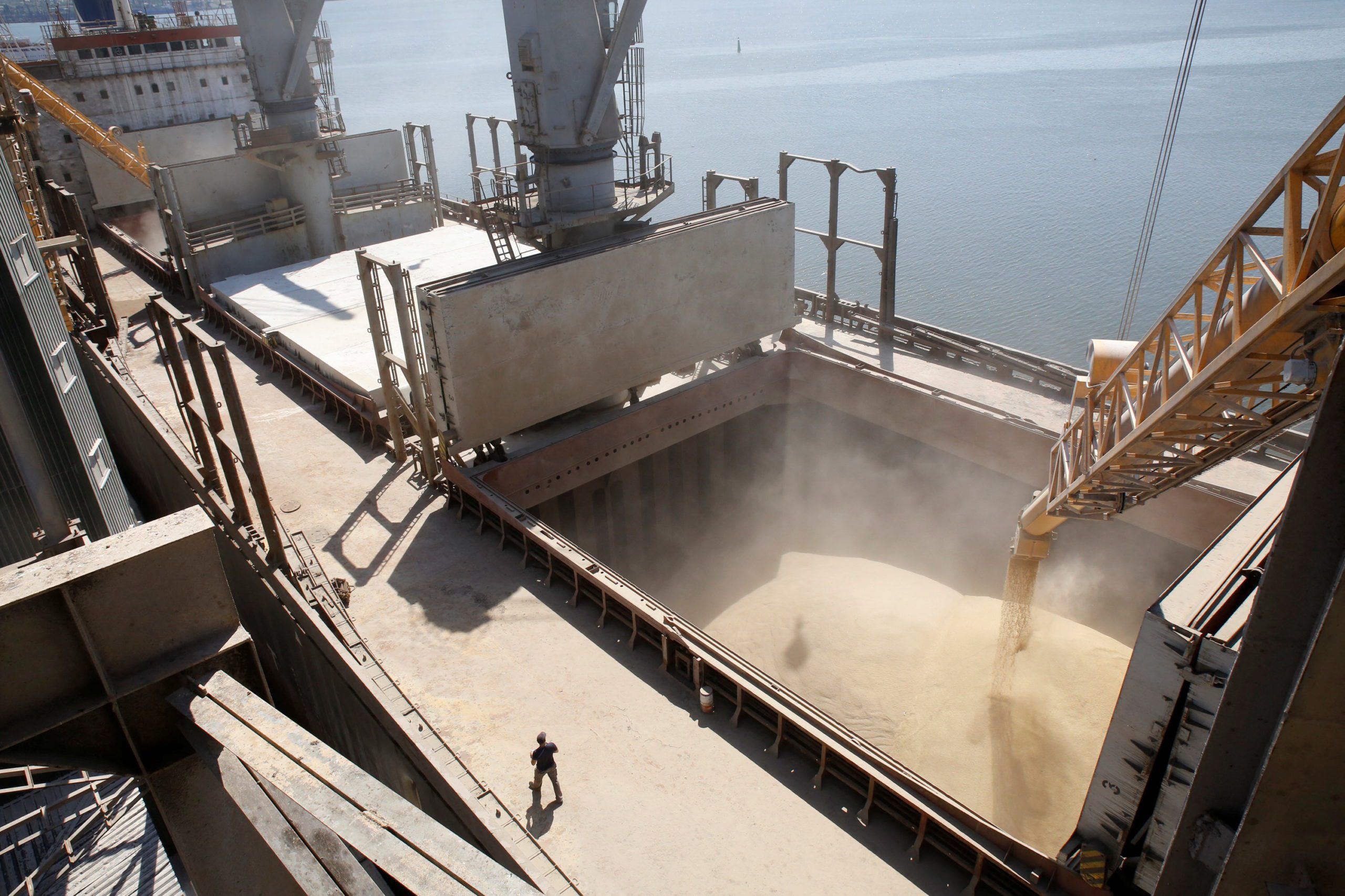 A dockyard worker watches as barley grain is mechanically poured into a 40,000 ton ship at an Ukrainian agricultural exporter's shipment terminal in the southern Ukrainian city of Nikolaev July 9, 2013.