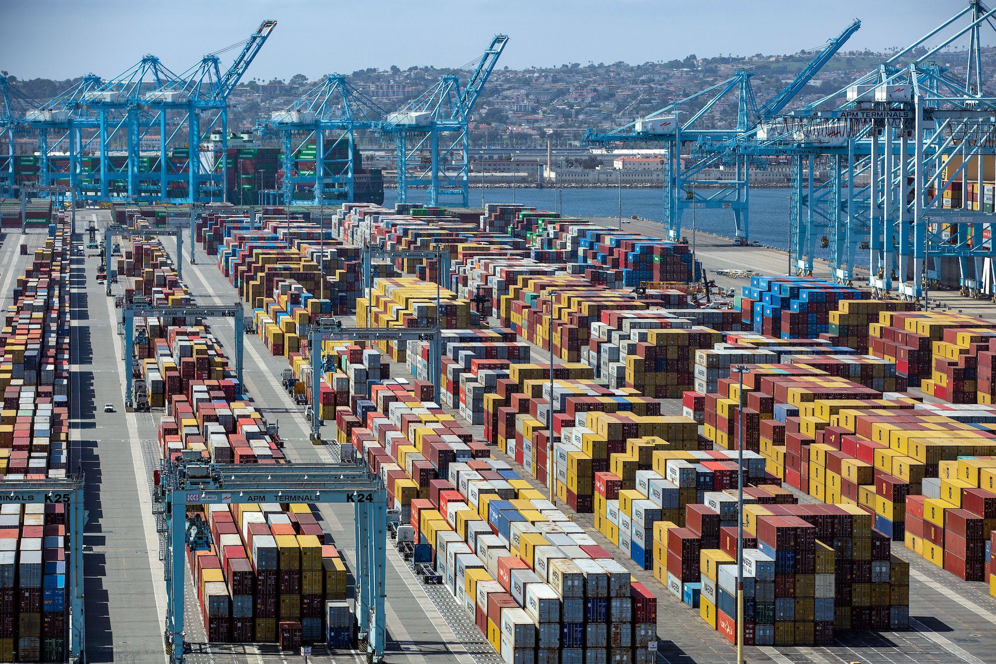 Cargo containers pile up at a marine terminal at the Port of Los Angeles.