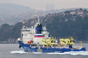 Russian Navy logistics ship Vsevolod Bobrov sails through the Bosphorus Strait
