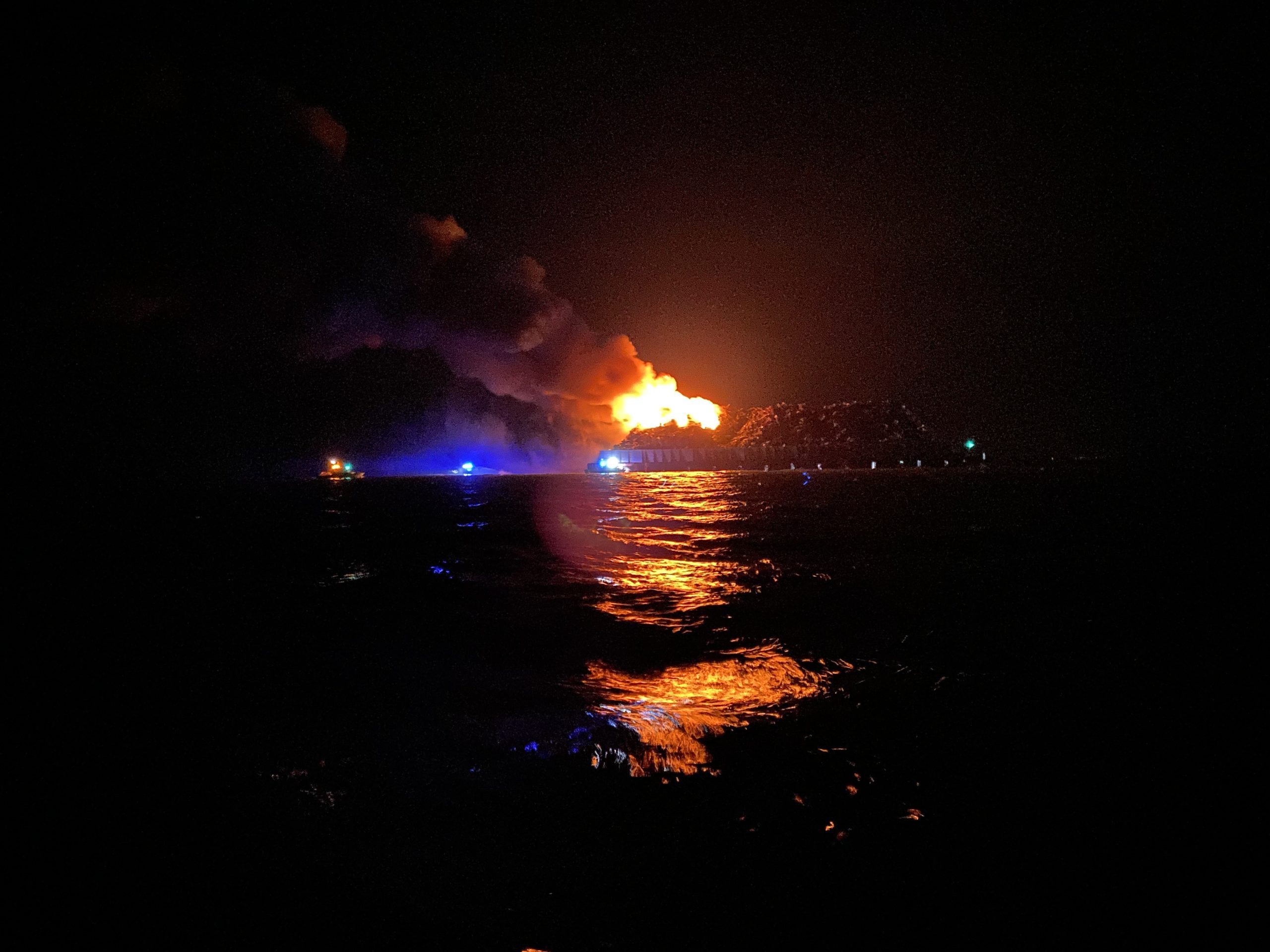 A barge carrying household appliances for scrap on fire approximately 9 miles south of Port Mahon, Deleware, on Monday, May 23, 2022.