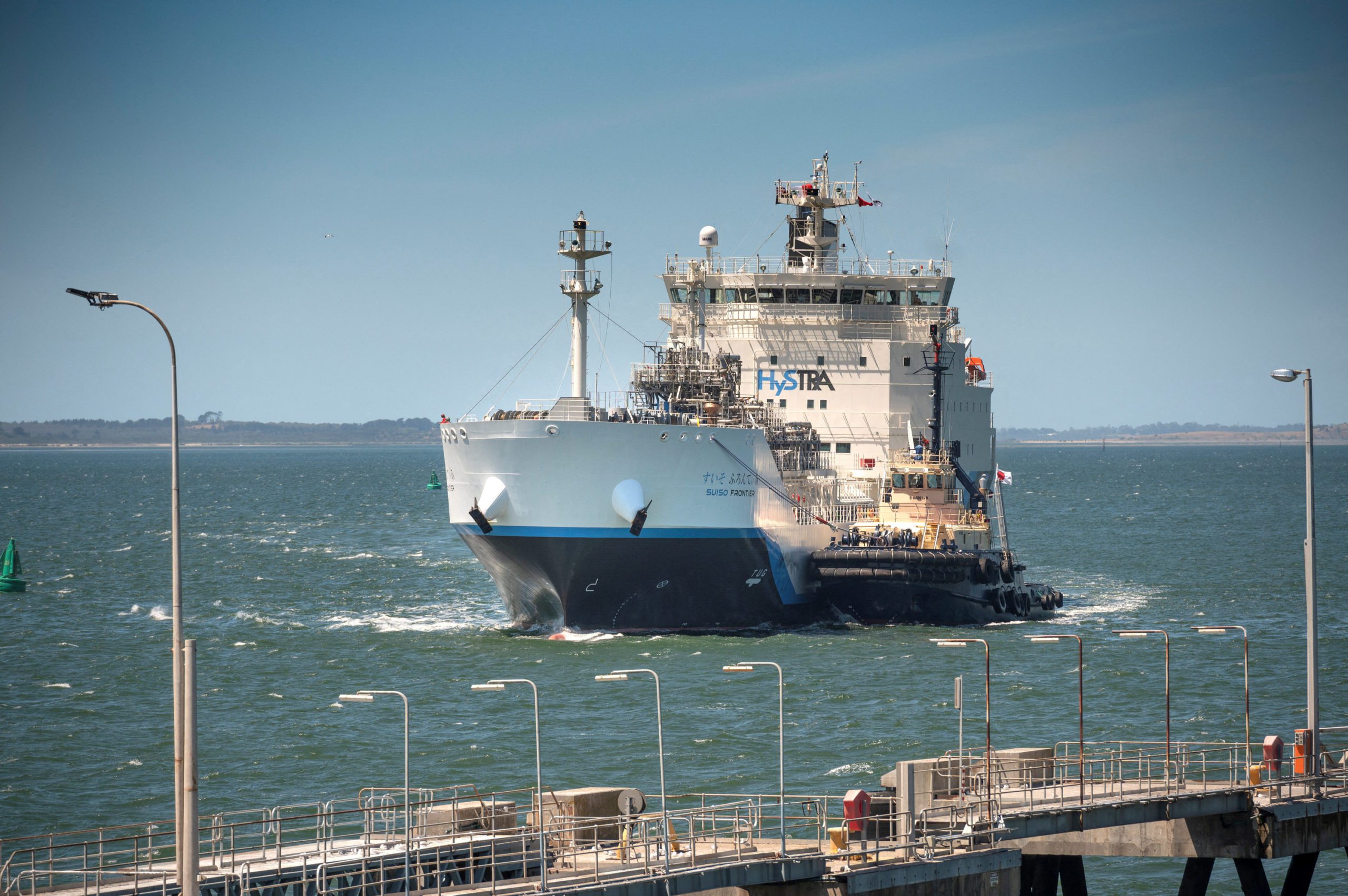 FILE PHOTO: The Suiso Frontier, the world's first hydrogen carrier, built by Japan's Kawasaki Heavy Industries, is pictured upon its arrival from Kobe, Japan at the Port of Hastings in Victoria, Australia January 20, 2022. Courtesy HySTRA/Handout via REUTERS THIS IMAGE HAS BEEN SUPPLIED BY A THIRD PARTY. MANDATORY CREDIT./File Photo