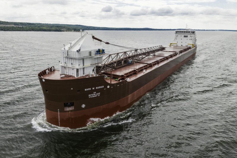 The bulk carrier Mark W. Barker pictured underway on maiden voyage. Viewed from the front.