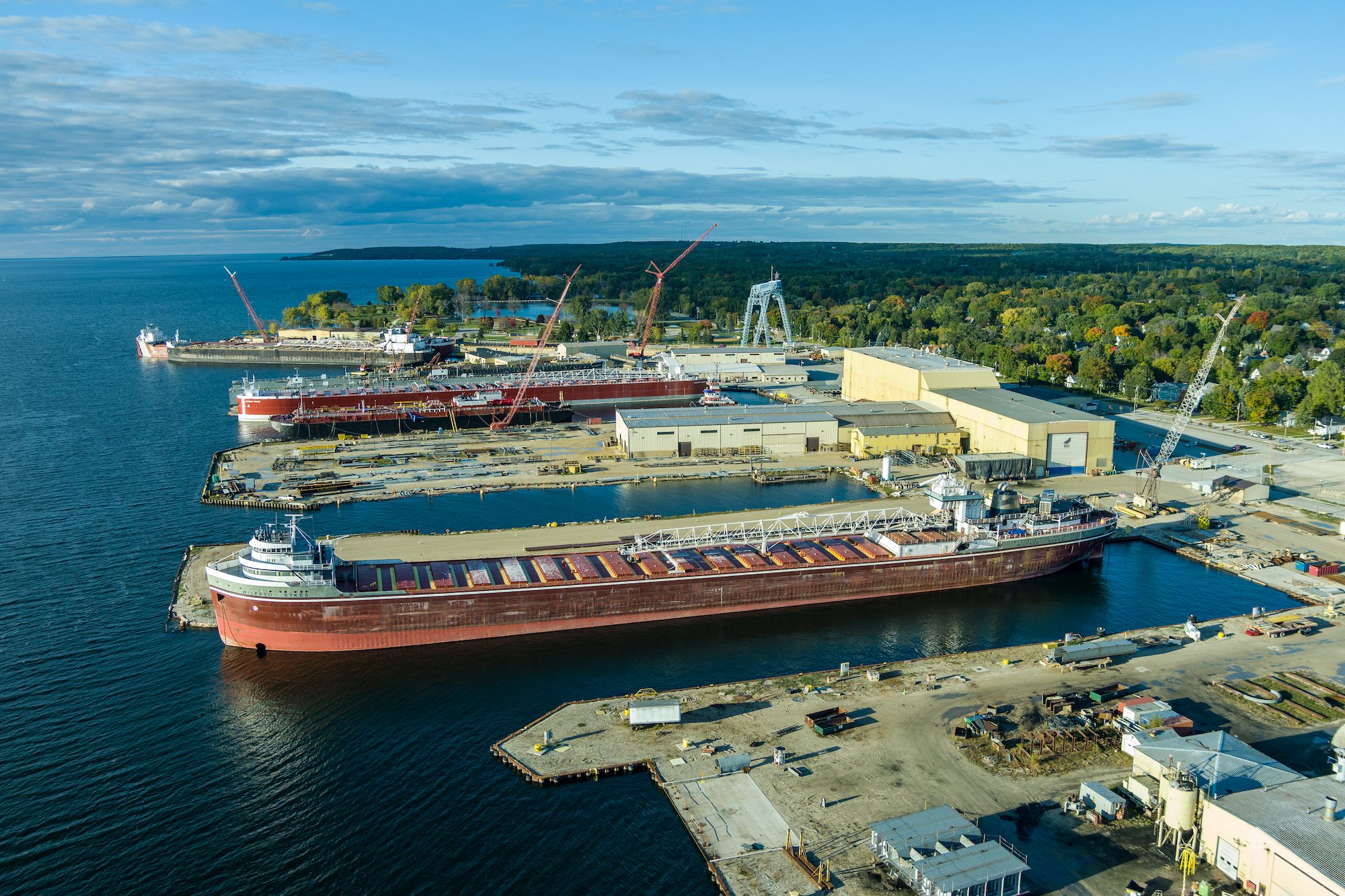 An aerial view of Fincantieri Bay Shipbuilding in Sturgeon Bay, Wisconsin