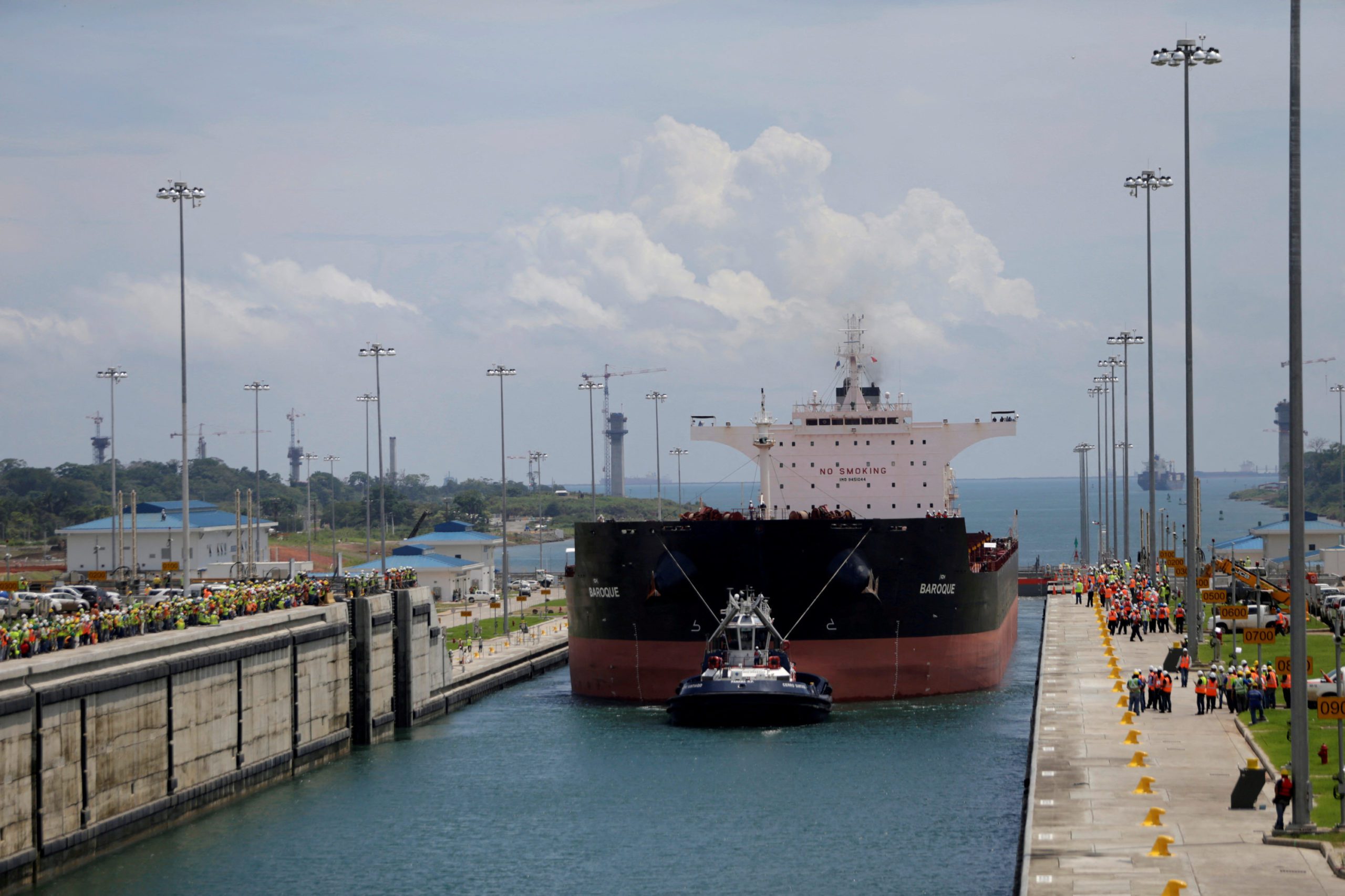 Photo of a post-panamax ship entering the locks in the new panama canal