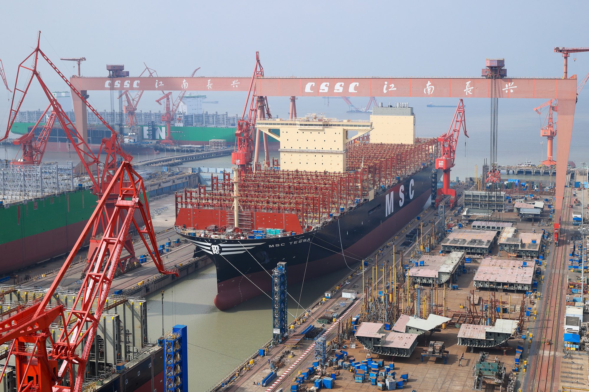 MSC Tessa, one of the world's largest containerships, under construction at Hudong-Zhonghua Shipbuilding in Shanghai, China. Photo courtesy CSSC.
