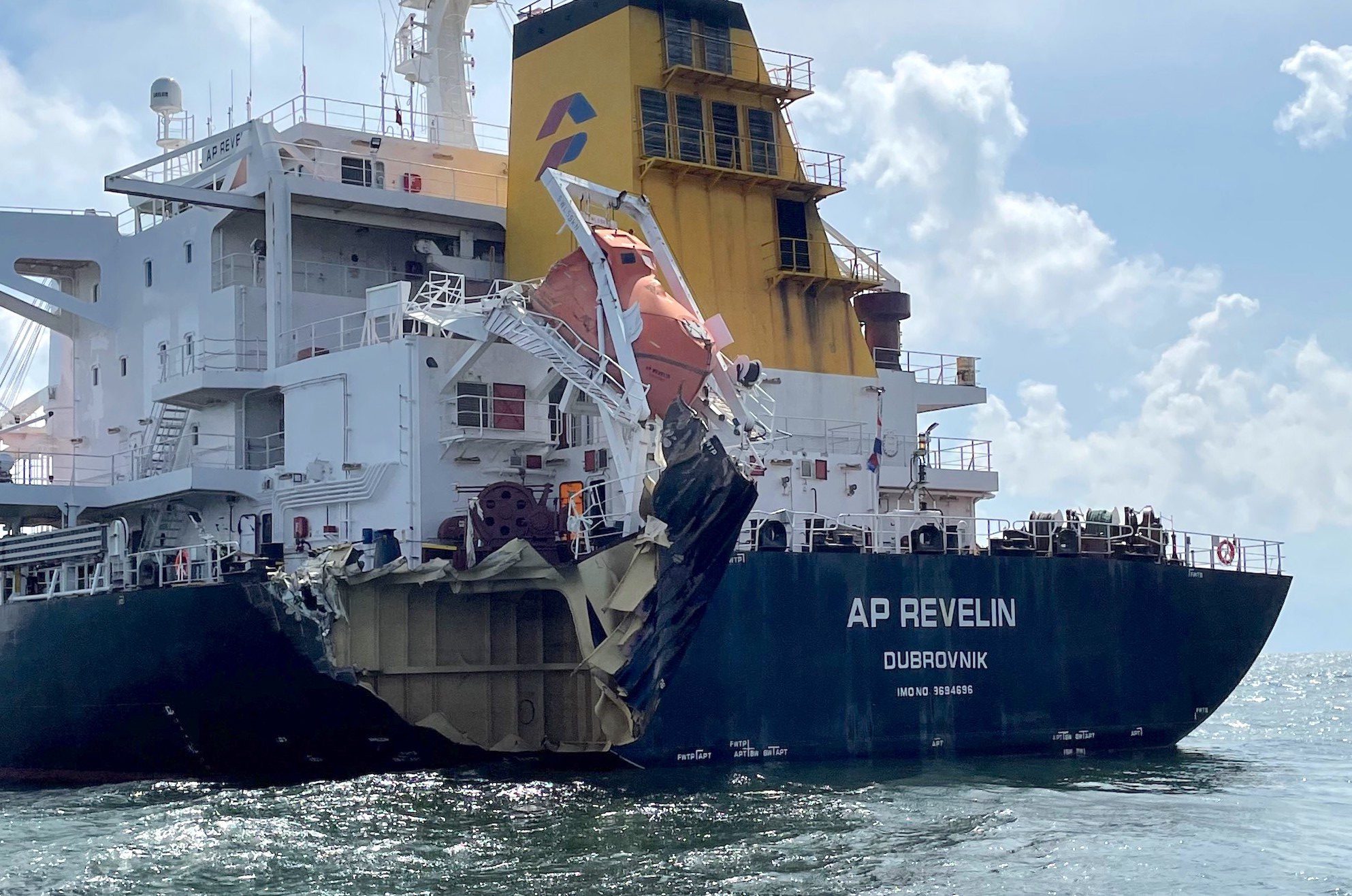 Damage to the M/V AP Revelin's port quarter. Photo courtesy U.S. Coast Guard